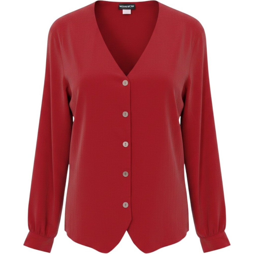 Notations Red V-Neck Button Down Blouse Long Sleeve Curved Hem Size 12